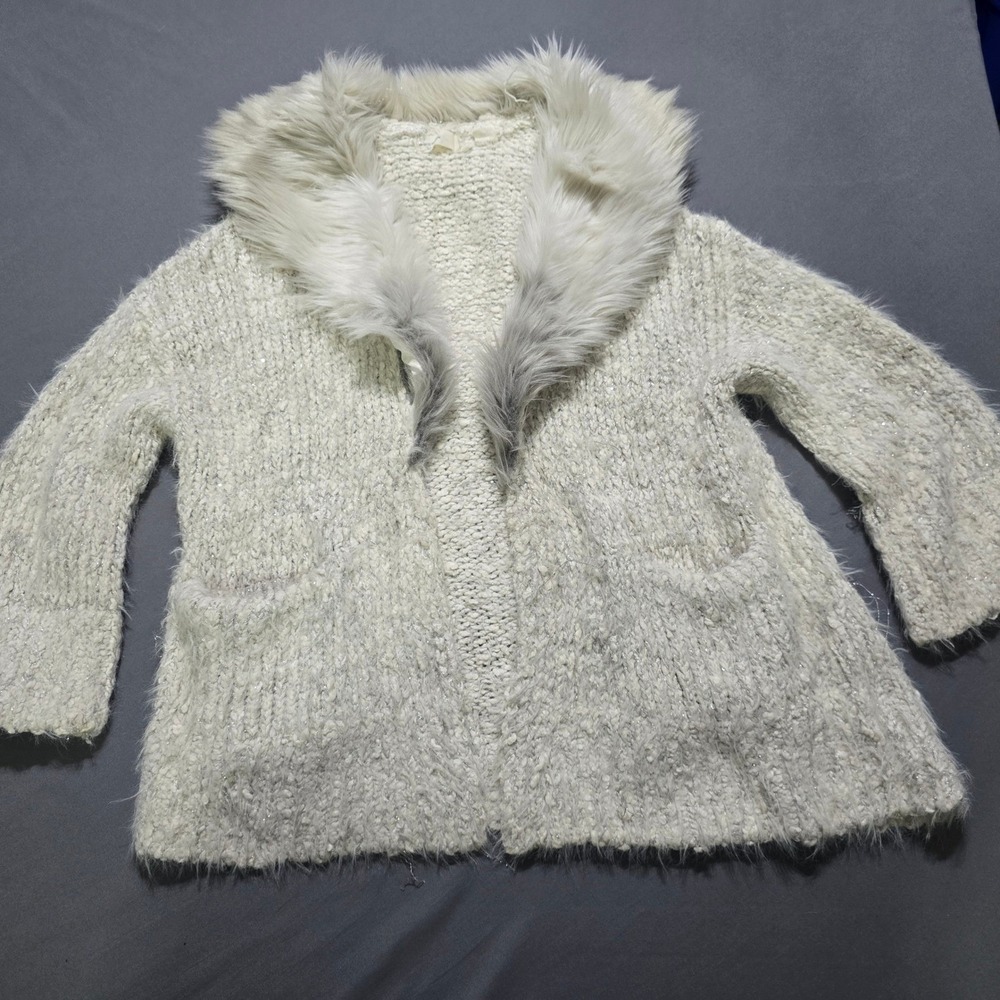 Sleeping on Snow Cardigan XS Ivory Faux Fur Collar Metallic Knit Open Front